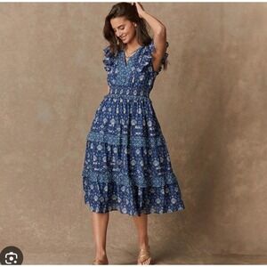 Sundance Blue Paisley Tiered Midi Dress Ruffled Cotton XXLarge boho flowy resort
